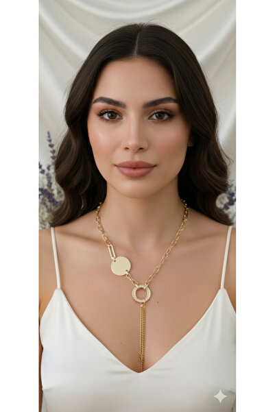 ZENA ACCESSORİES Halka Detaylı Geçmeli Çelik Altın Kolye