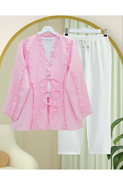 Modamorfo Linen Shirt with Ruffle Front and Sleeves - Pink