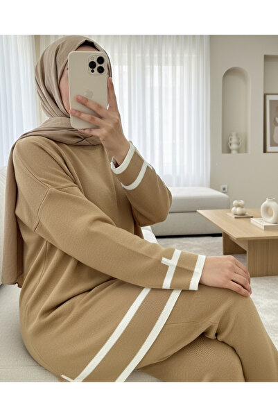 Modamorfo Double Knitwear Set with Cuffs and Stripes - Tan