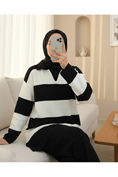 Modamorfo V-Neck Knitwear Set with Trousers - Black