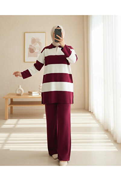 Modamorfo V-Neck Knitwear Set with Trousers - Burgundy