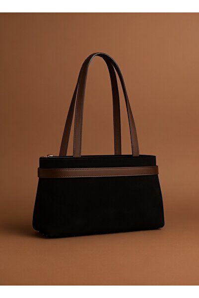 DEMESİ Women's Leather Belt Detailed Black Suede Luxury Shoulder Bag