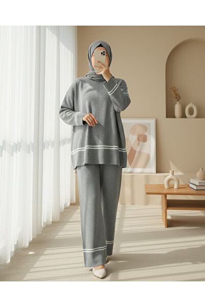 Modamorfo Skirt and Sleeve Striped Knitwear Set - Gray