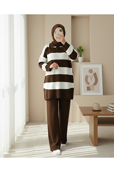 Modamorfo V-Neck Knitwear Set with Pants - K. Brown