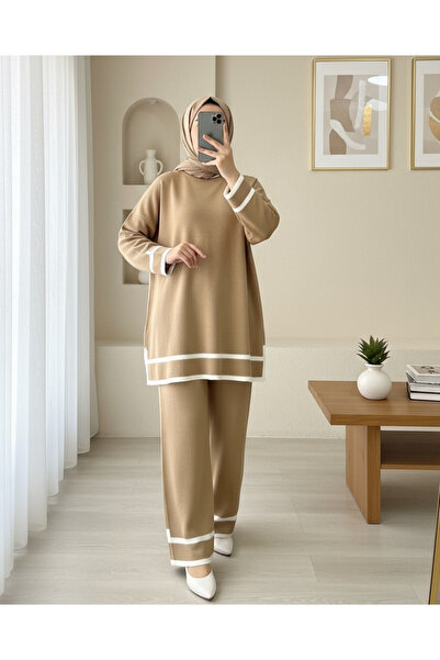Modamorfo Double Knitwear Set with Cuffs and Stripes - Tan
