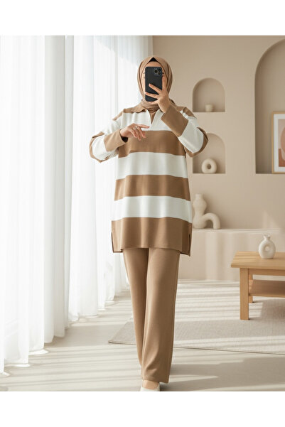Modamorfo V-Neck Knitwear Set with Trousers - Tan