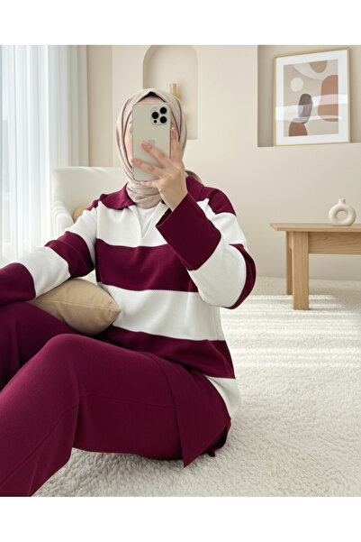 Modamorfo V-Neck Knitwear Set with Trousers - Burgundy