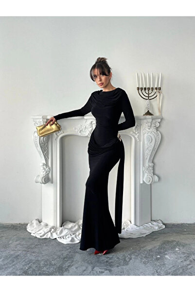 Diemmood Rochie lungă și elegantă pentru femei drapat cu detalii asimetrice c...