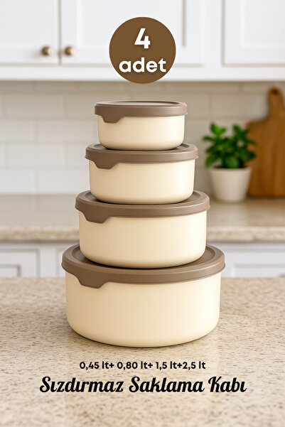 grimorlife 4 Leak-Proof Round Food Storage Containers 0.45 Lt + 0.80 Lt + 1.5 Lt + 2.5 Lt. Beige