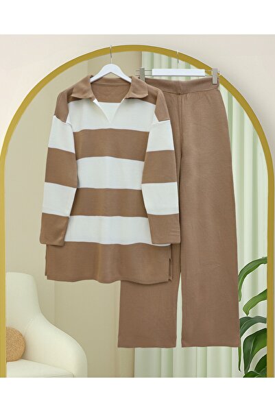Modamorfo V-Neck Knitwear Set with Trousers - Tan