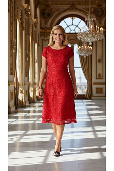 Nidya Moda Büyük Beden Vako Kırmızı Dantel Abiye Elbise-4035dk