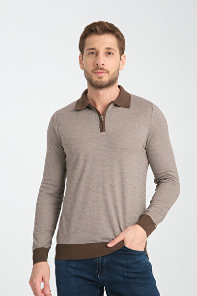 GW Pulover tricotat cu mânecă lungă, cu fermoar, cu guler polo, jacquard text...