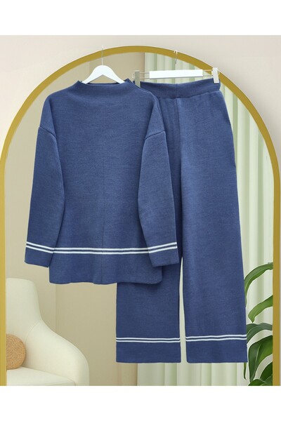 Modamorfo Skirt and Sleeve Striped Knitwear Set - Indigo