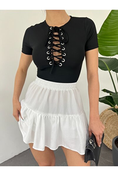 Modamorfo Bird Eye Detailed Tie Front Crop T-Shirt - Black