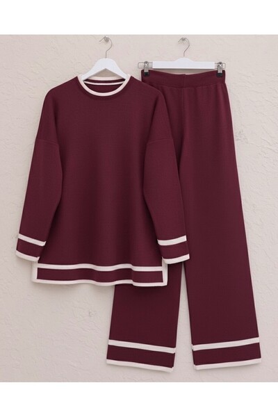 Modamorfo Double Knitwear Set with Cuffs and Stripes - Burgundy