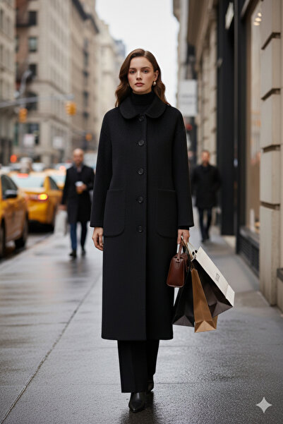 Puane Women's Fox Coat with Button and Pocket Detail - 15220Kbn - Black