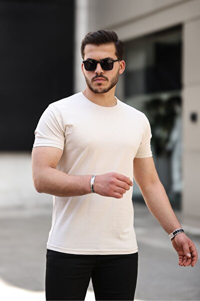 comstar Men's Basic Crew Neck Short Sleeve Tight Cream T-Shirt