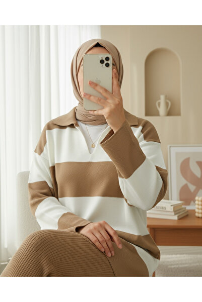 Modamorfo V-Neck Knitwear Set with Trousers - Tan