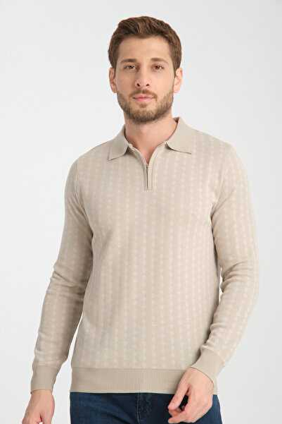 GW Pulover tricotat cu mânecă lungă, cu fermoar, cu guler polo, jacquard texturat Apia pentru bărbați - nurcă