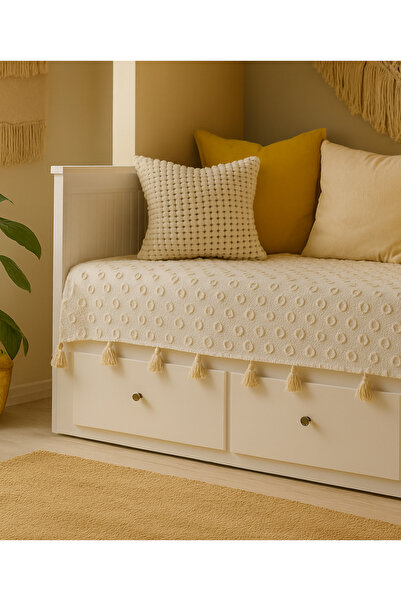 Divanest Püsküllü İskandinav Hemnes Divan Örtüsü Şönil Pike, Yatak Örtüsü Ekru