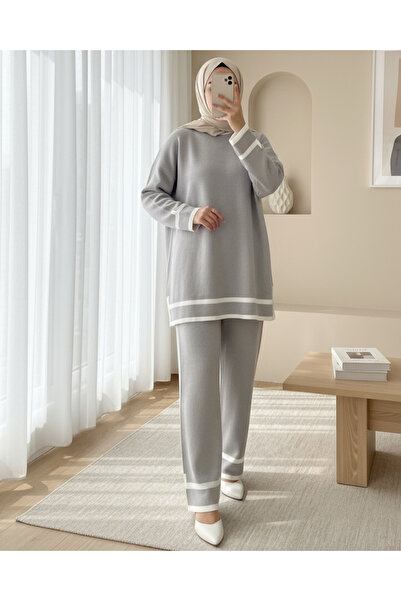 Modamorfo Double Knitwear Set with Cuffs and Stripes - Gray