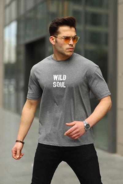 comstar Men's Wild Soul Text Print Oversize Smoked Loose T-Shirt