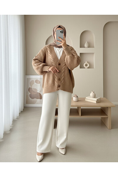 Modamorfo Knitted Pattern Buttoned Araboy Cardigan - Mink