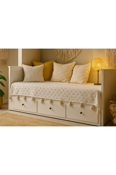 Divanest Püsküllü İskandinav Hemnes Divan Örtüsü Şönil Pike, Yatak Örtüsü Ekru