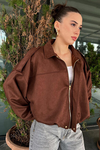 Rich Women's Brown Oversized Suede Bomber Jacket