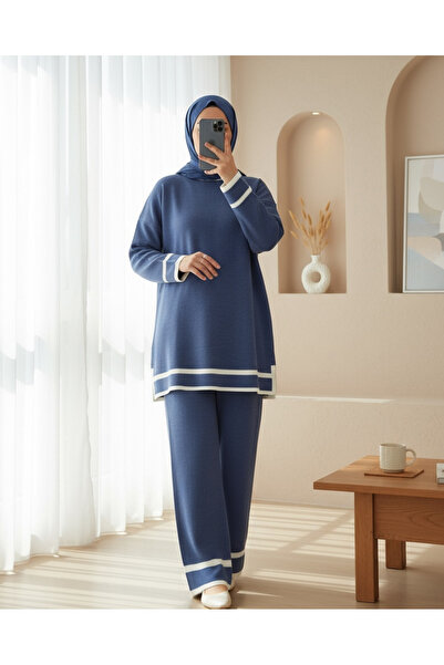 Modamorfo Dupla kötöttáru szett mandzsettával és csíkokkal - Indigo