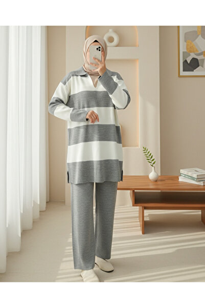 Modamorfo V-Neck Knitwear Set with Trousers - Gray