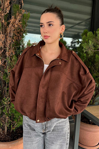 Rich Women's Brown Oversized Suede Bomber Jacket
