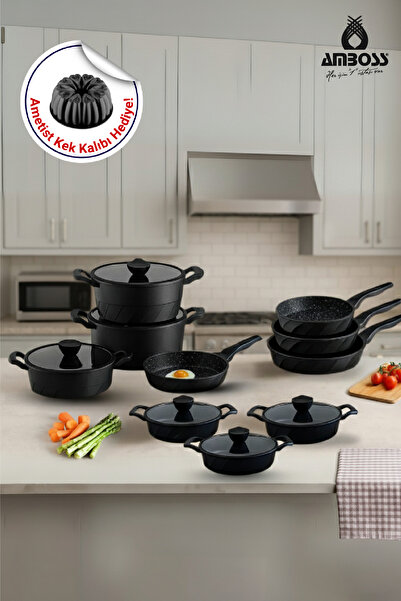 Amboss Vento 16 Parça Döküm Tencere Tava Sahan Seti (Siyah)