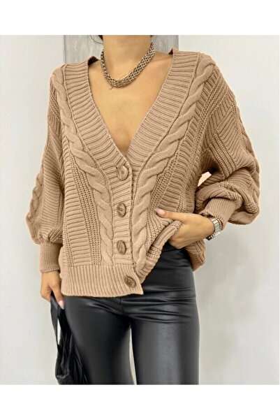 Modamorfo Knitted Pattern Buttoned Araboy Cardigan - Mink