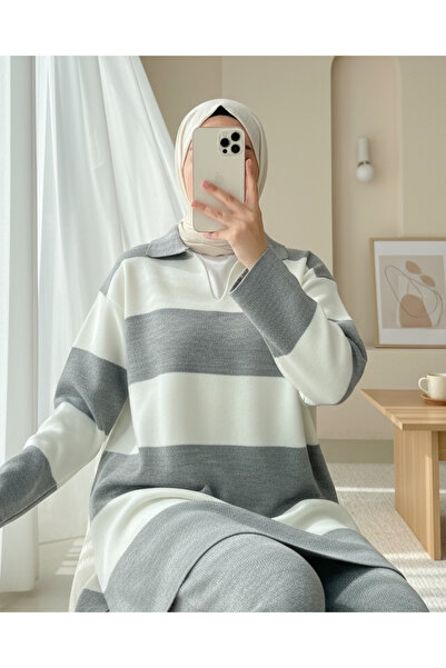 Modamorfo V-Neck Knitwear Set with Trousers - Gray