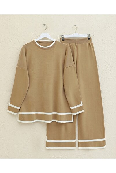 Modamorfo Double Knitwear Set with Cuffs and Stripes - Tan