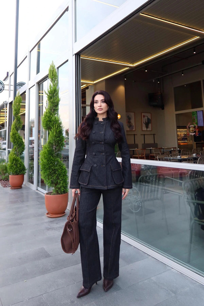 Diemmood Women's Dark Denim Buttoned Jacket and Pants Set with Waist Adjustment