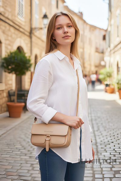 HAMILTON Original Women's Mink Cross Adjustable Strap Lined Leather Baguette Daily Shoulder Bag with Card Holder