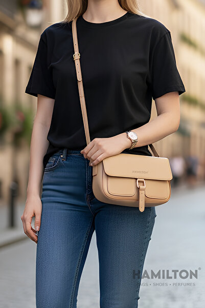 HAMILTON Original Women's Mink Cross Adjustable Strap Lined Leather Baguette Daily Shoulder Bag with Card Holder