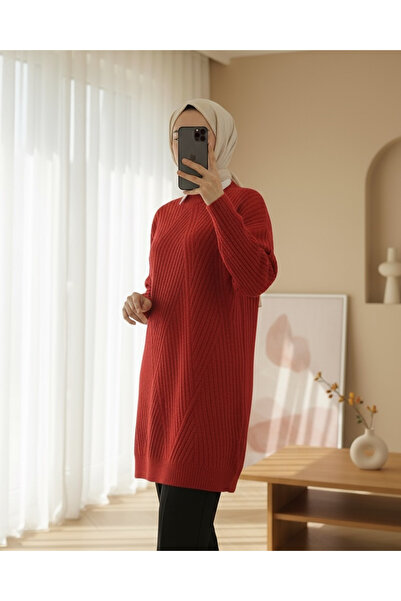Modamorfo Knitted Diamond Patterned Knitwear Tunic -Red