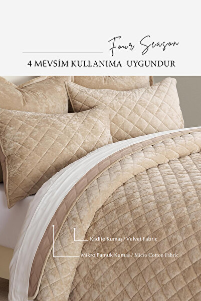 Evlen Home Collection Quilted Velvet Bed Cover Set Double Supersoft 3 Pieces Soft Fiber Filled Dowry Box Beige