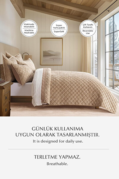 Evlen Home Collection Quilted Velvet Bed Cover Set Double Supersoft 3 Pieces Soft Fiber Filled Dowry Box Beige