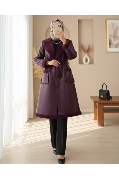Modamorfo Beli Belted Double Pocket Fur Lined Leather Coat - Plum