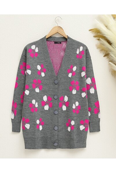 Modamorfo Floral Embossed Buttoned Cardigan