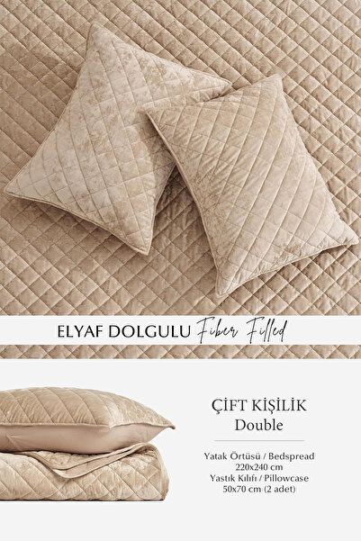 Evlen Home Collection Quilted Velvet Bed Cover Set Double Supersoft 3 Pieces Soft Fiber Filled Dowry Box Beige
