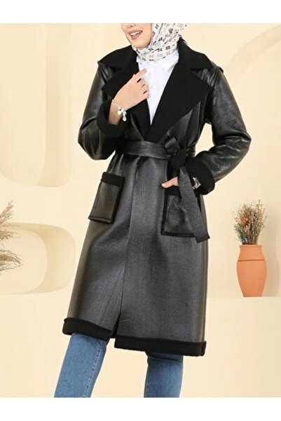 Modamorfo Beli Belted Double Pocket Fur Lined Leather Coat - Black