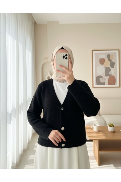 Modamorfo Soft Knit Cardigan with Buttons on the Front - Black