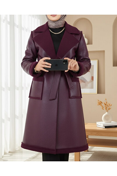 Modamorfo Beli Belted Double Pocket Fur Lined Leather Coat - Plum