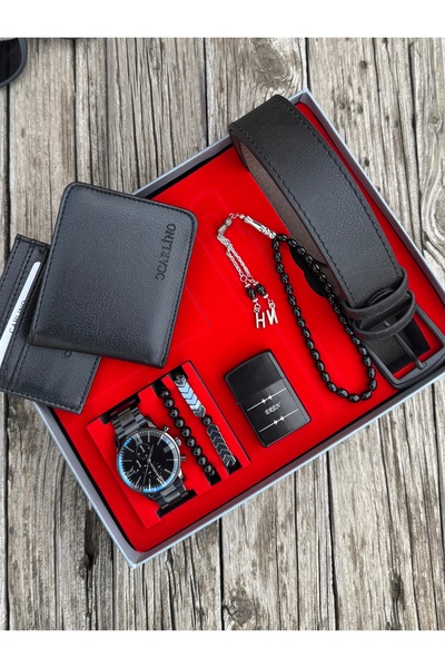 DEEPWELL Siyah Renk Erkek Kol Saati Kemer Cüzdan Kartlık Çakmak Tesbih Bileklik Seti Xz56