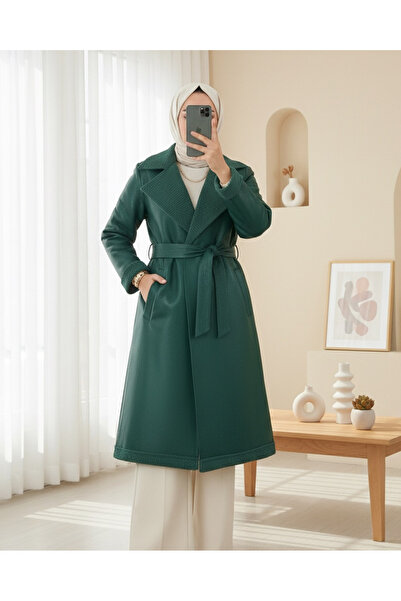 Modamorfo Beli Belted Double Pocket Fur Lined Leather Coat - Emerald